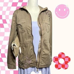 LIGHTWEIGHT KHAKI JACKET WITH  PINK floral and butterfly EMBROIDERY